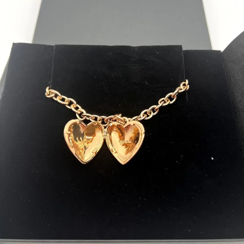 COACH Gold-Tone Enamel Heart Pendant Necklace-New with Case & Card